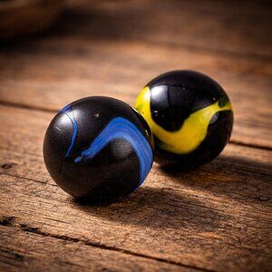 Vintage Black Swirl Shooter Marbles – Set of 2 – Bold Mid Century Glass
